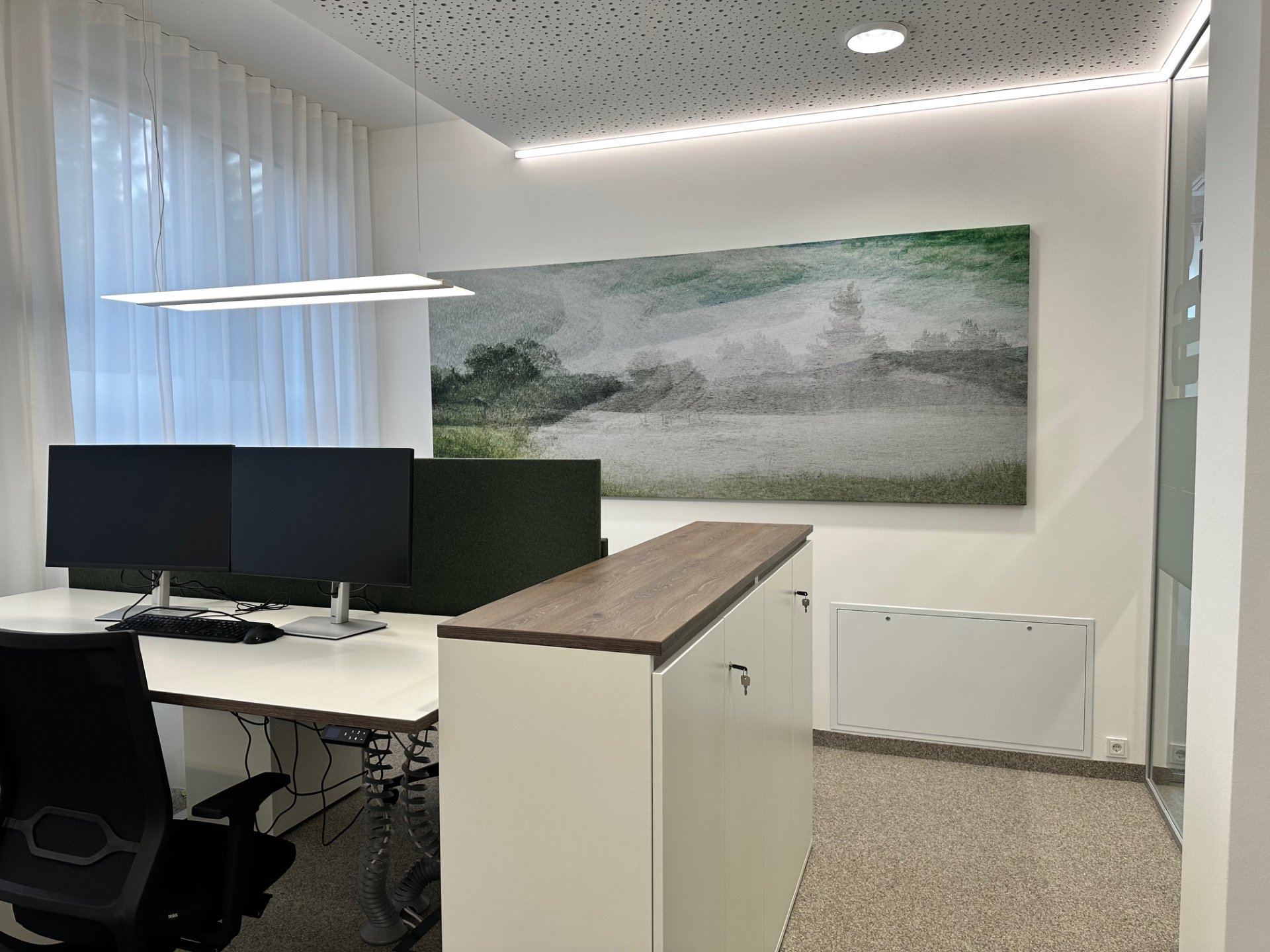 Motivabsorber und Tischtrennwand im Beratungsbüro – Raiba Haag