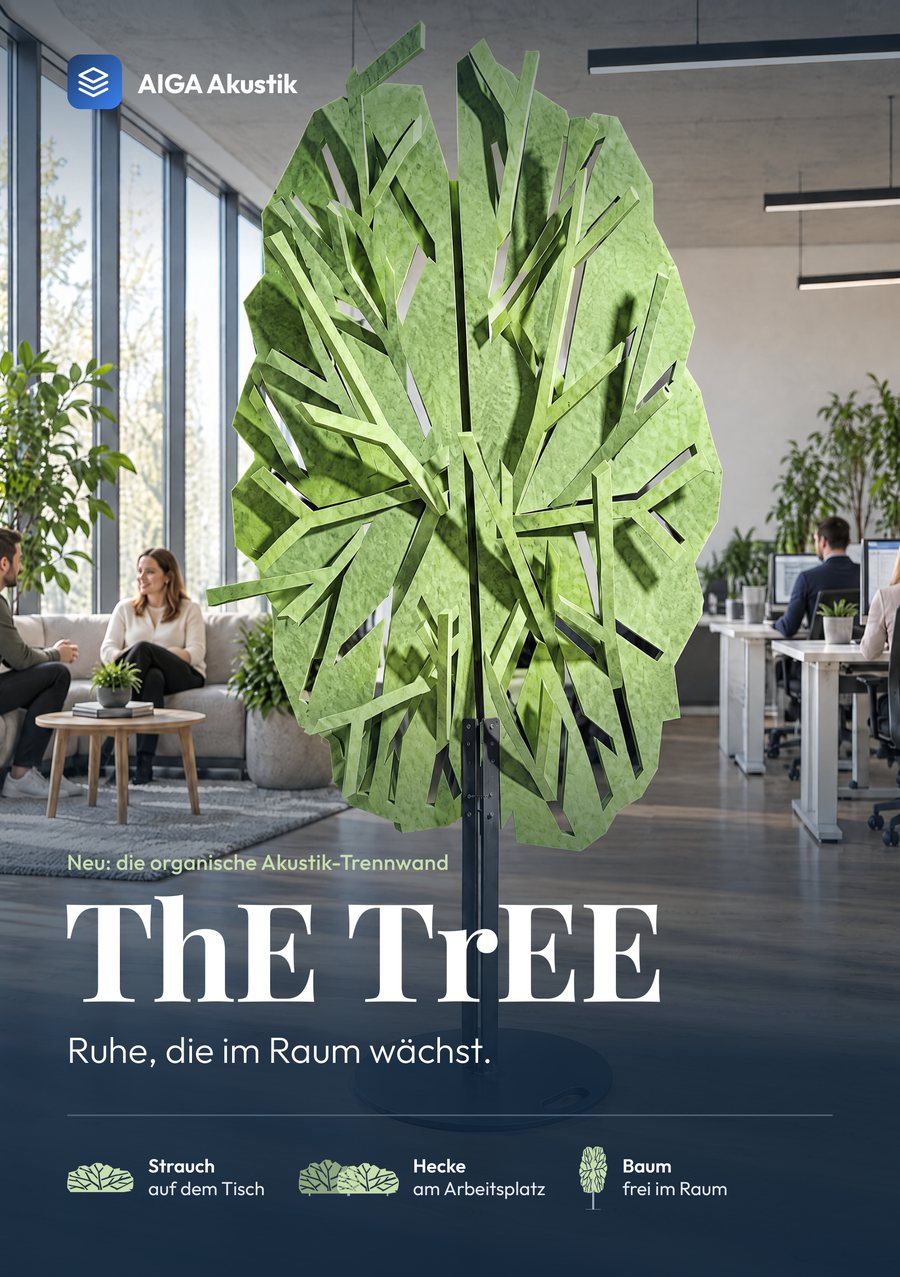 Titelseite: ein hoher grüner Filz-Baum steht frei in einem offenen Büro. Darunter der Titel „ThE TrEE – Ruhe, die im Raum wächst“ und die drei Formen Strauch, Hecke und Baum.