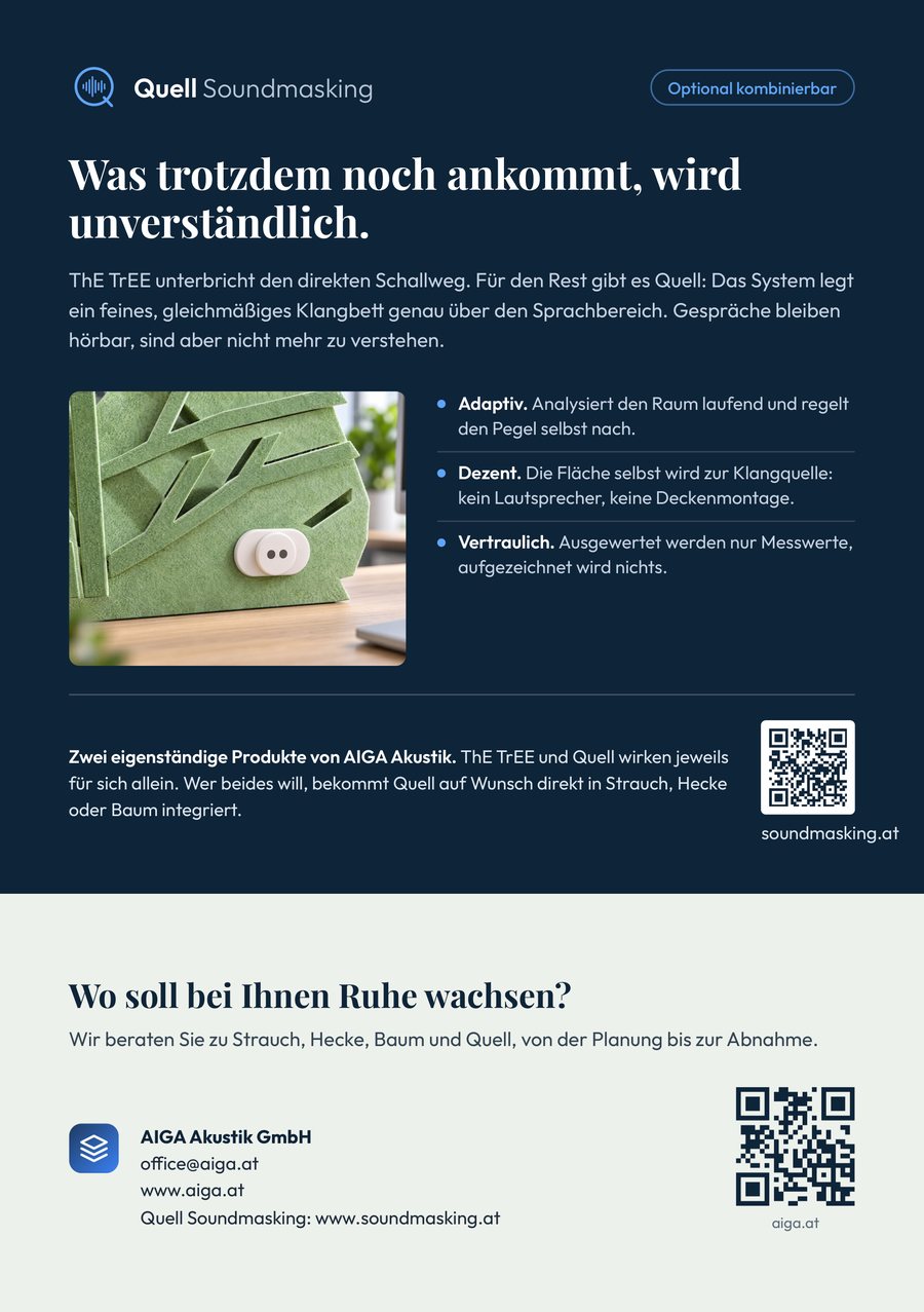Rückseite: „Was trotzdem noch ankommt, wird unverständlich.“ über Quell Soundmasking als Ergänzung, dazu die Kontaktangaben der AIGA Akustik GmbH und zwei QR-Codes.